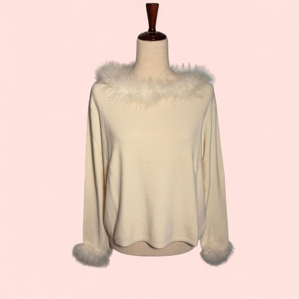 Worthington Cream Faux Fur Trim Knit Top Petite XL Preppy Y2K Twee Long Sleeve